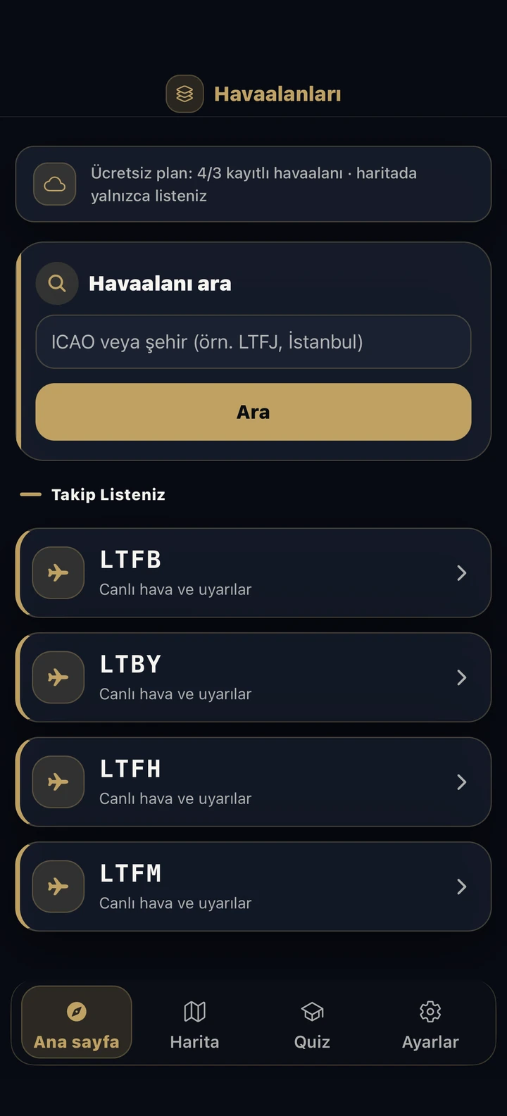 METAR Notify havaalanı listesi