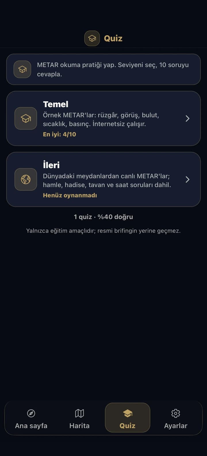 METAR Notify quiz ekranı