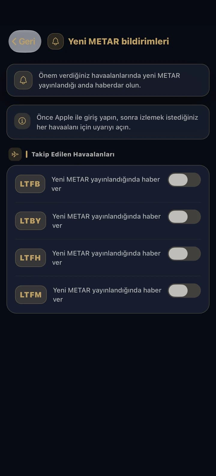 METAR Notify bildirim ayarları