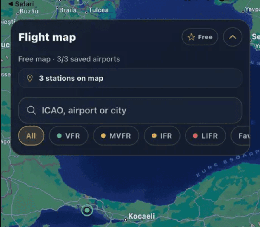 Metarapp uçuş haritası — arama, kategori filtreleri ve istasyonlar